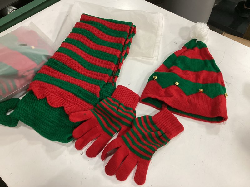 Condition photo showing New/Like New for (2 pack) tagvo 3 pieces christmas hat scarf gloves set  winter christmas gift  xmas knitted hat set  elf santa hat scarf gloves for party