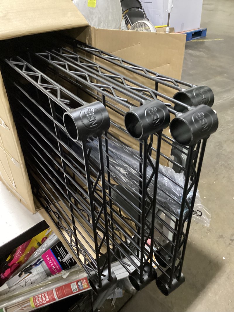 Condition photo showing As Is for hyper tough 4 tier wire shelf unit, black, 1400 lb. capacity