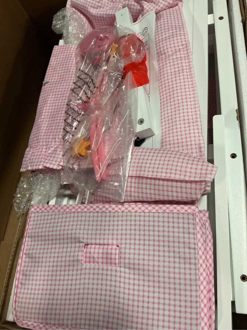 Condition photo showing As Is for Badger Basket Doll Canopy Crib with Mobile & Storage Bins