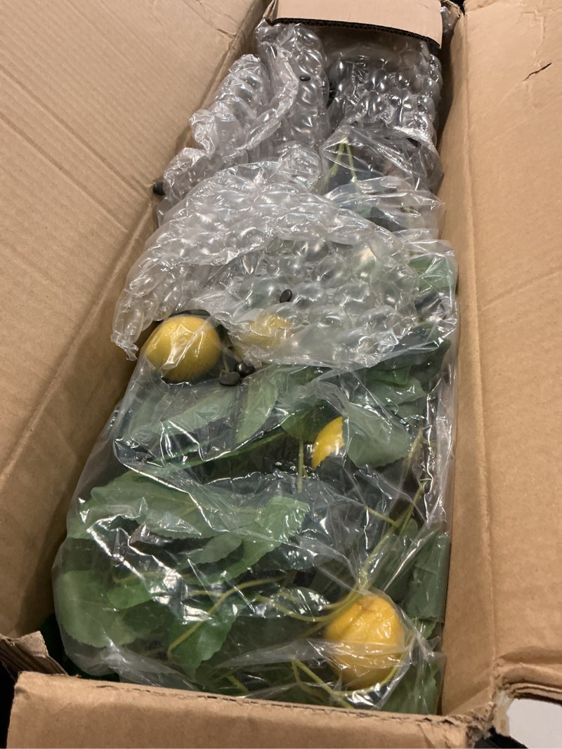 Condition photo showing New/Like New for artificial lemon tree, 5ft tall fake lemon silk plant with white planter, faux lemon plastic fruit tree for indoor home decor office garden lemon 5ft