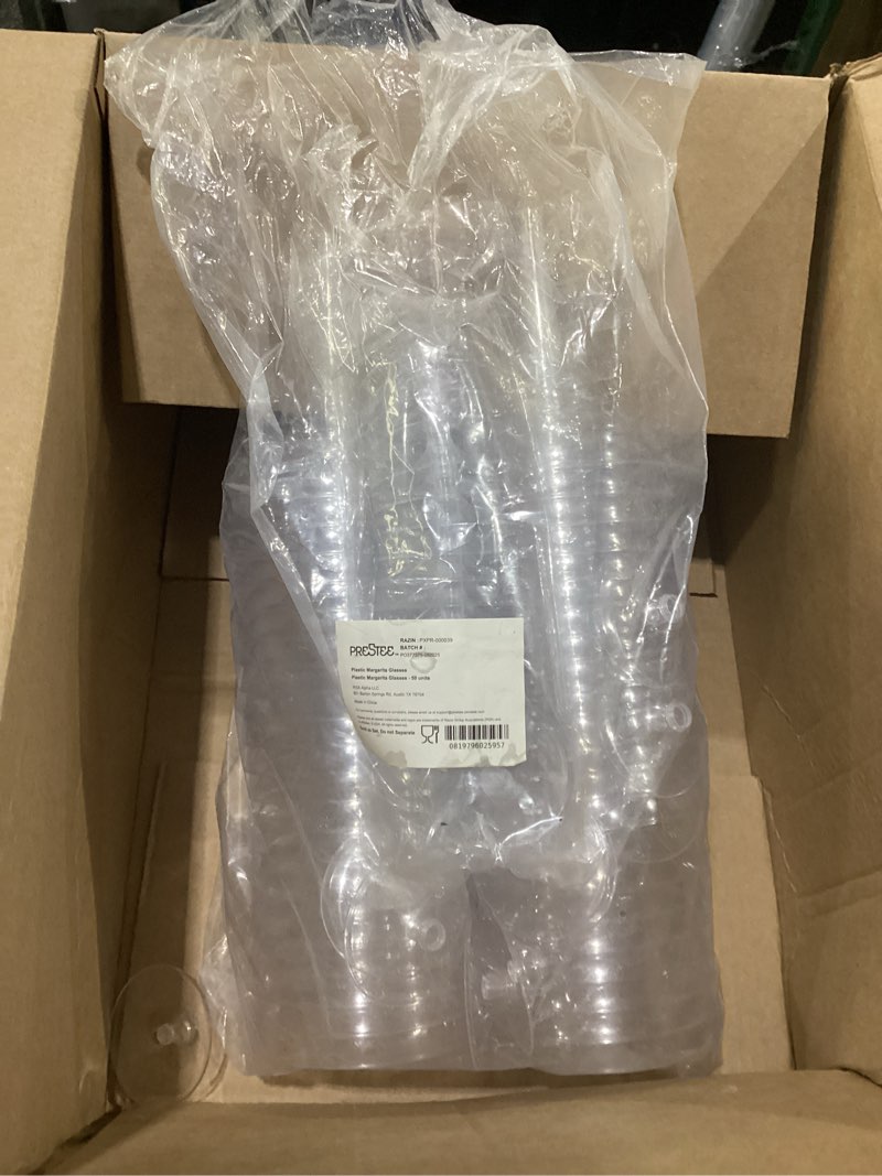 Condition photo showing New/Like New for prestee 50 clear plastic margarita glasses, 12oz - heavy duty margarita glasses disposable for cinco de mayo party decorations, taco party, plastic cocktail cups 50 clear large (50 count)