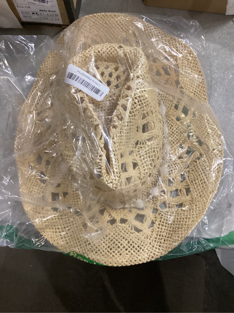 Condition photo showing As Is for wqwovrvo cowboy hat,cowgirl hat,cowboy hats for women/mens/straw wide with shapeable brim cowboy hat for womens/white/black. beige+white