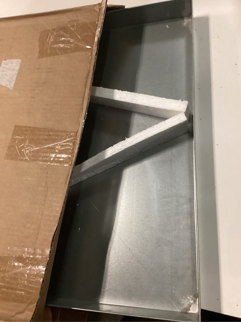 Condition photo showing As Is for heavy-duty galvanized steel drain pan – premium, rust-resistant hvac condensate pan – leak-proof for maximum protection – without hole options (22" x 22" x 2")