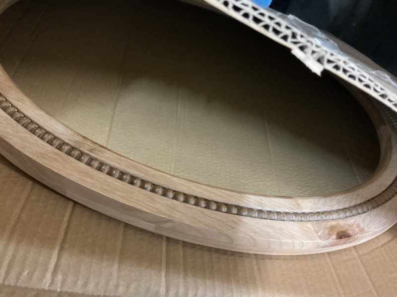 Condition photo showing Good Condition for 30" round solid wood mirror for bathroom vanity, handcrafted beaded circle wall mirror - natural boho farmhouse decor for entryway & bedroom natural oak 30"l x 30"w