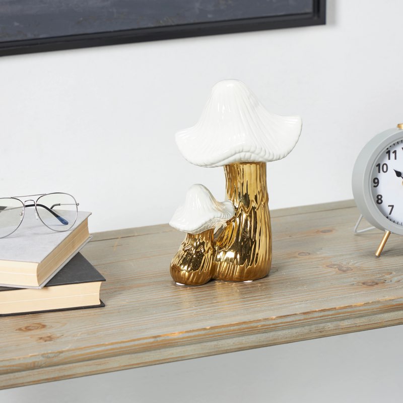 Gold  Ceramic Mushroom Sculpture with White Tops and Textured Grooves