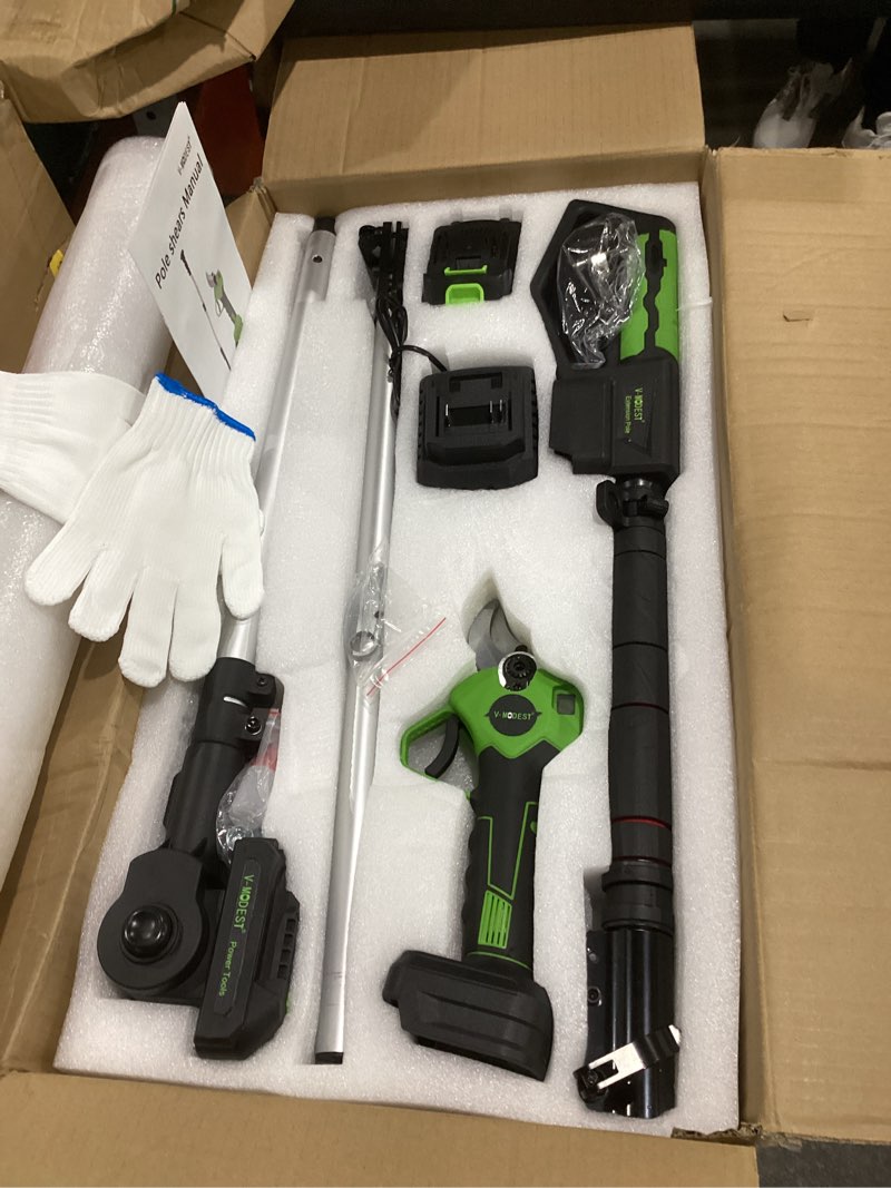 Condition photo showing Good Condition for 2-IN-1 Electric Pole Pruning Shears Cordless, 1.6" Cutting Diameter Cordless Pruner with 15 FT High Reach Extension Pole, 21V 4.0Ah Battery Powered Pole Pruner for Tree Trimming, LCD Display
