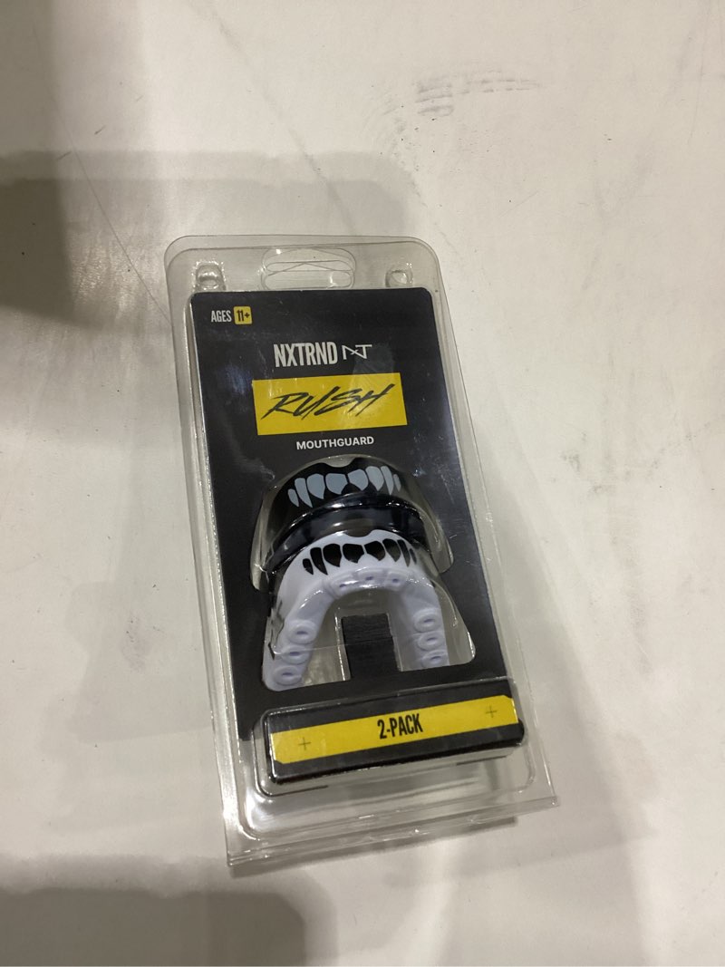 Condition photo showing New/Like New for 2 pack nxtrnd rush dual layer mouthguard, custom fit sports mouthpiece for football, boxing, mma, basketball, hockey, lacrosse, youth & adult (black & white fangs)