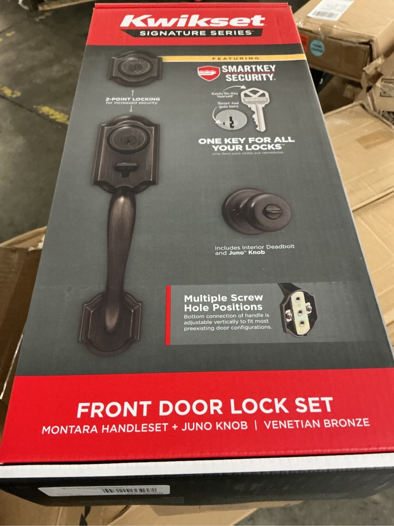 Condition photo showing New/Like New for montara venetian bronze single cylinder keyed entry door handleset with juno interior doorknob ft smartkey security