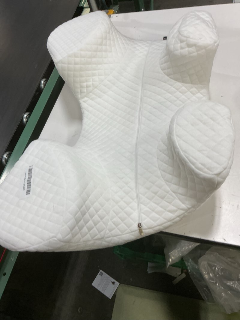 Condition photo showing As Is for side sleeper pillow with arm hole, upgraded height arm pillow for larger frames, shoulder relief system, premium memory foam, suitable for side, back and stomach sleepers - white white 7.1in height