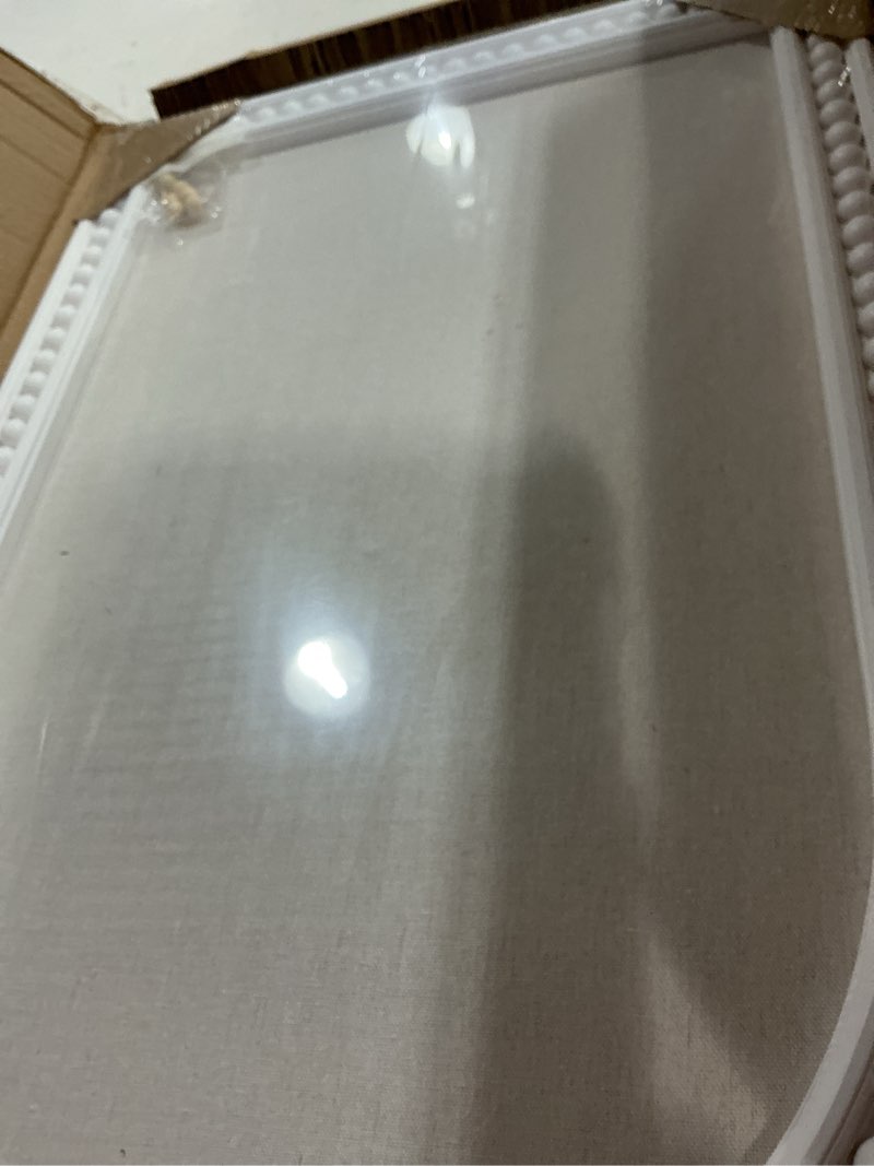 Condition photo showing New/Like New for 16" x 24" linen bulletin board, arched white wood frame with beaded trim, decorative pin board wall organizer for photos, notes, memo & vision board, 4060wh white frame