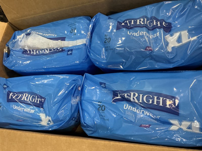 Condition photo showing As Is for fitright super adult incontinence underwear, maximum absorbency, x-large, 56-68, 4 packs of 20 (80 total) x-large (80 count)