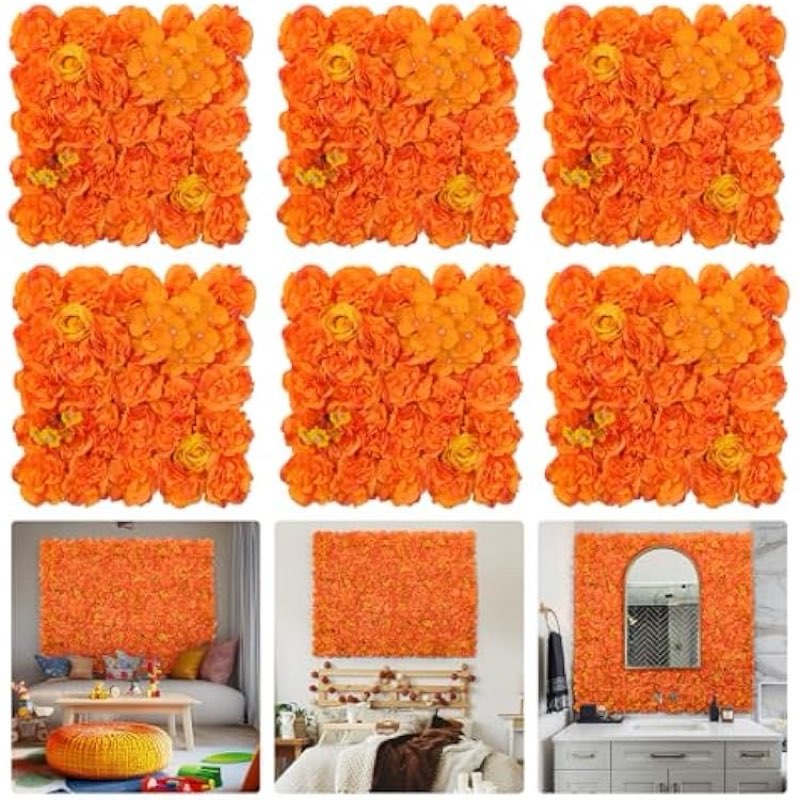 flower wall backdrop 6 piece of 12x12 inch artificial floral wall panel faux silk rose wall decor ideal for wedding celebrations, festive party backdrops, and home decor-orange
