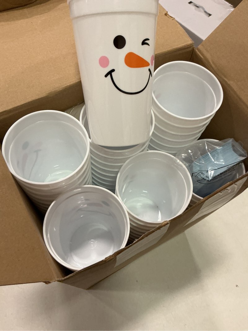 Condition photo showing Good Condition for 100 sets christmas snowman soup kits for classroom coworker exchange gift 16 oz plastic christmas snowman cups with soup tags clear xmas bag for hot cocoa chocolate winter