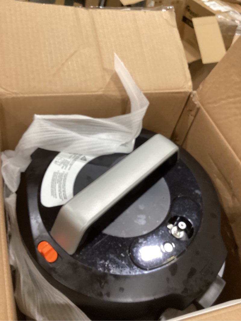 Condition photo showing As Is for cosori pressure cooker 6qt, stainless steel, 9-in-1 multi cooker, 12 safety features, ceramic inner pot, rice, slow cook, sous vide, saute, 1100w