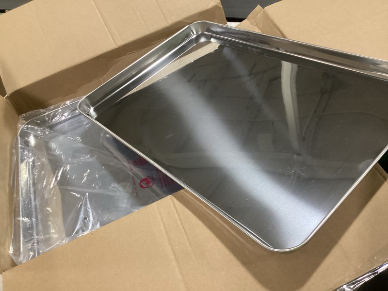 Condition photo showing Good Condition for Baking Sheets Set of 2, HKJ Chef Cookie Sheets 2 Pieces Stainless Steel Baking Pans & Toaster Oven Tray Pans, Rectangle Size 23.54L x 15.67W x 1.18H inch & Non Toxic & Healthy & Easy Clean 24inch
