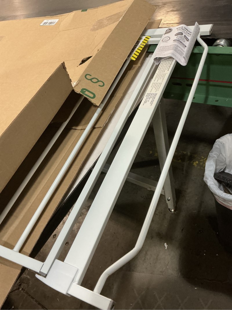 Condition photo showing As Is for regalo safety 29-38.5" baby gate for doorways & bottom of stairs, pressure mounted baby gate with door for babies, toddlers & pets, tested & safe for 30 years, american designed, american owned, white white 29-38.5"w x 30"h