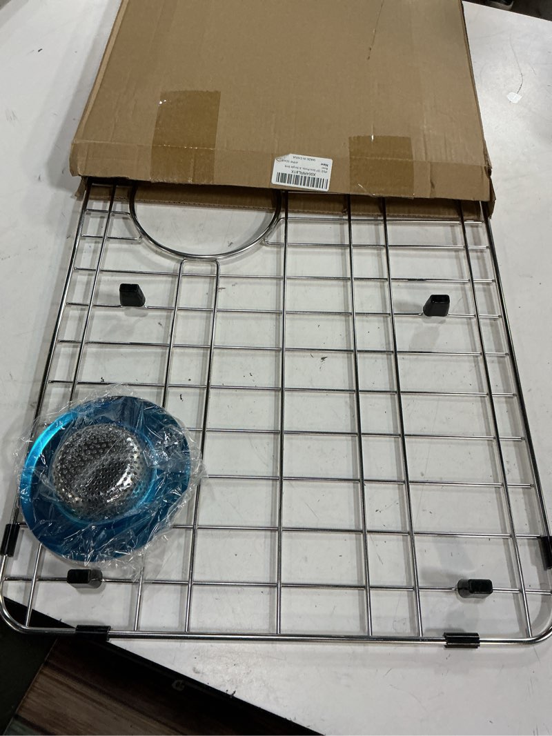Condition photo showing Good Condition for ipegtop sink protector grid 28-3/8" x 14-3/16", stainless steel sink bottom grid rear drain with corner radius 3/8", sink grate with hole cover for kitchen sink single sink bowl, one-piece 28-3/8"x14-3/16",rear drain