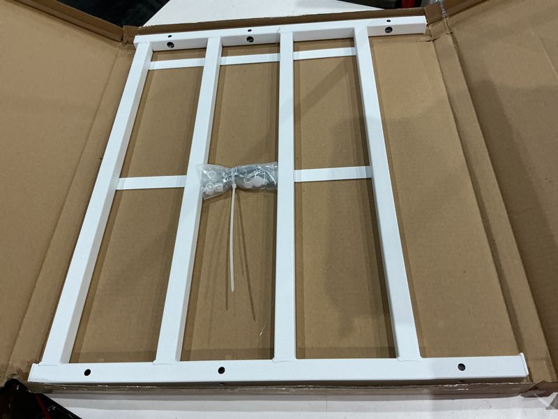 Condition photo showing As Is for (only 1 guard fixed window safety guard 19”x 38” adjustable width prevents accidental falls, non-egress, tamper resistant screws included, white, single pack 19x38 inches