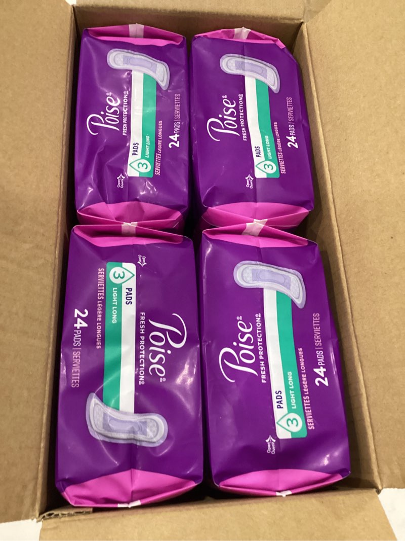 Condition photo showing New/Like New for poise incontinence pads & postpartum incontinence pads, 3 drop light absorbency, long length, 96 count (4 packs of 24), packaging may vary long 96