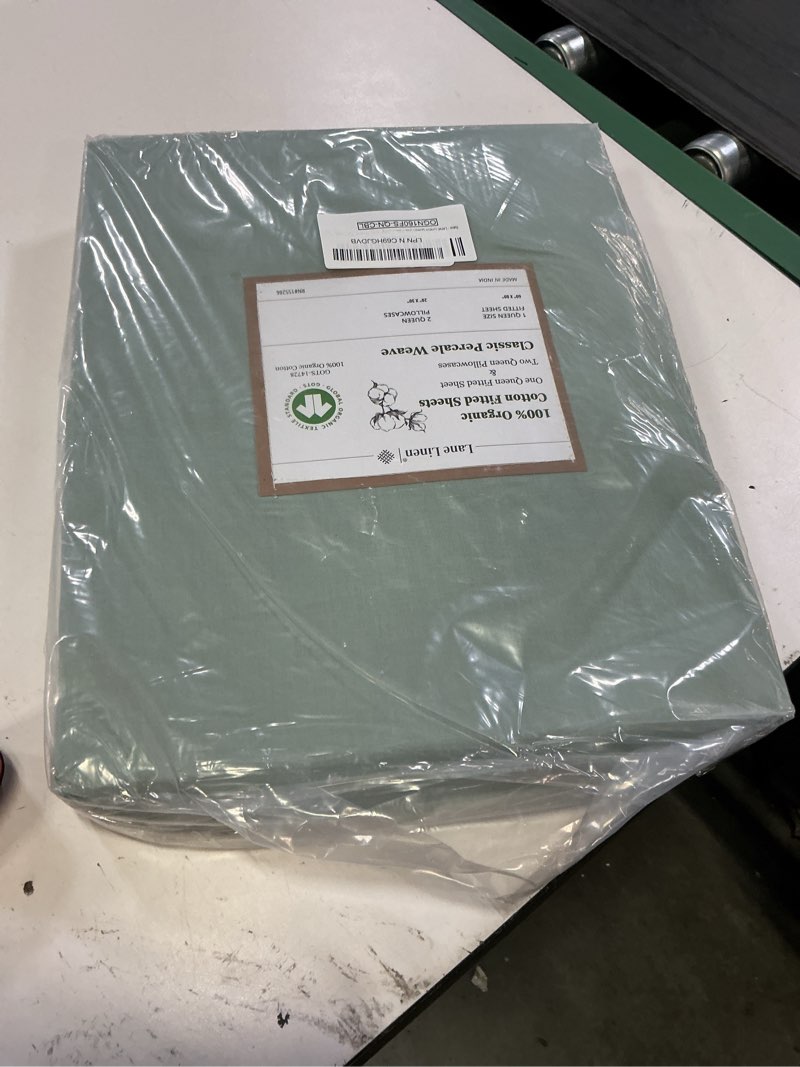 Condition photo showing Good Condition for lane linen 100% organic cotton fitted sheet queen size only, 3-piece set (1 fitted sheet, 2 pillowcases), percale weave, queen size, soft, breathable, fits mattress upto 15' deep - cool blue