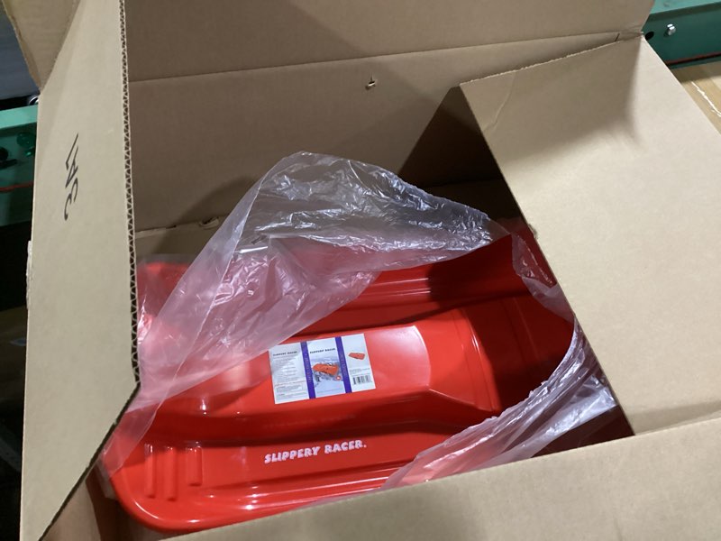 Condition photo showing As Is for **no handles**slippery racer downhill thunder flexible plastic toboggan snow sled with built in brake system, pull rope, and handle grips, red