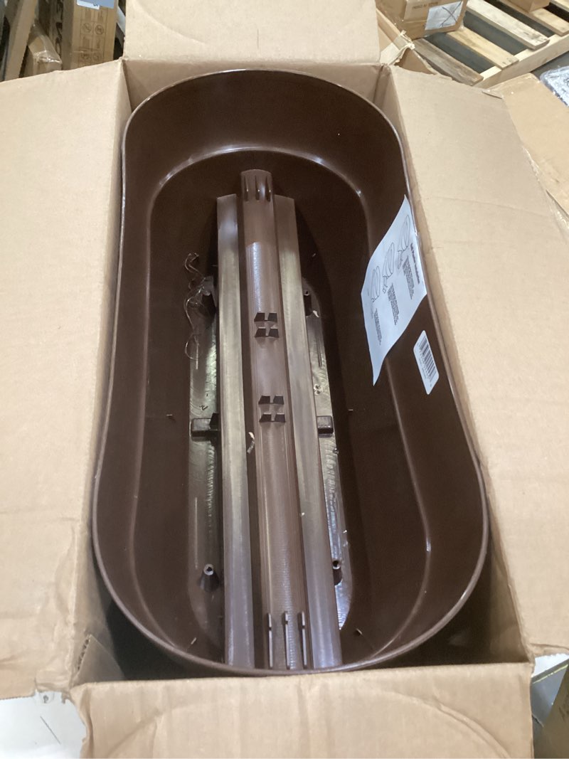 Condition photo showing As Is for bloomers railing planter with drainage holes – 24  weatherproof resin planter – brown
