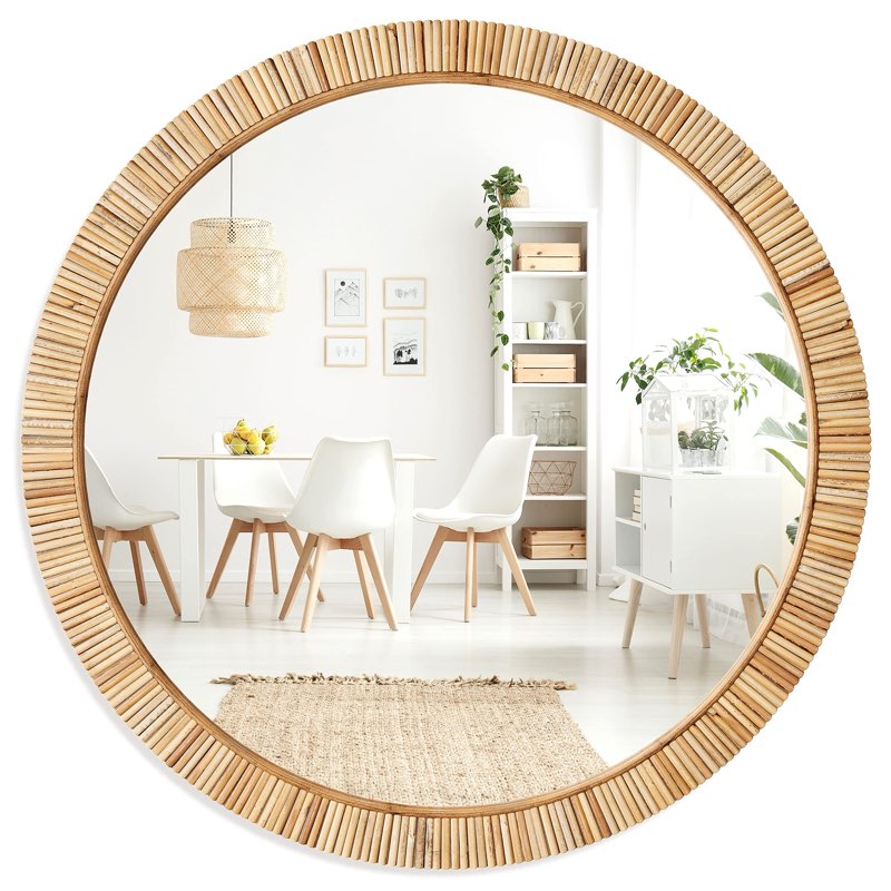 rattan mirror,round boho bathroom mirror for wall,18" circle wicker vanity mirror for nursery décor,