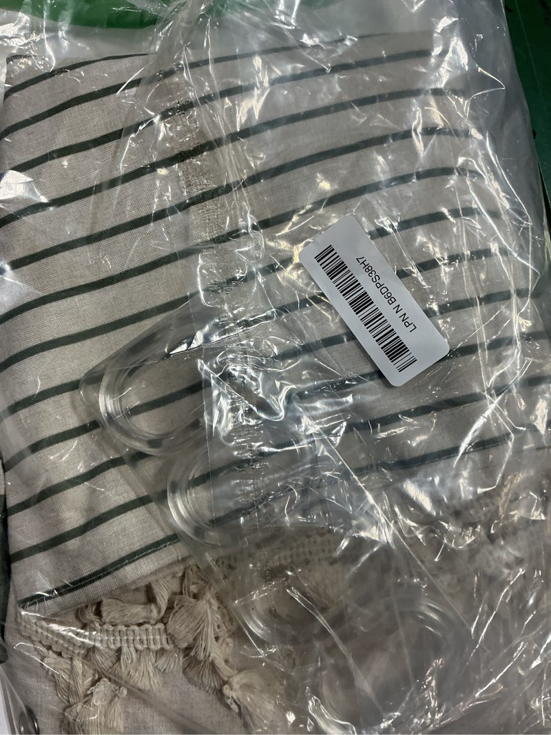 Condition photo showing Good Condition for AmazerBath Boho Shower Curtain, Modern Farmhouse Shower Curtain Set with Tassels, Rustic Faux Linen Green Striped Shower Curtain with Hooks, Light Tan Toned, 72x72 Inches Stripe Sage Green