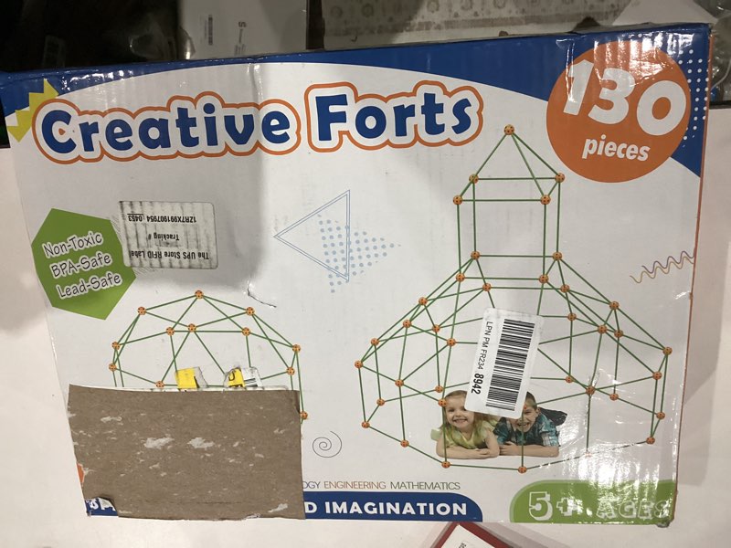 Condition photo showing As Is for Tiny Land Fort Building Kit Creative Fort Indoor Outdoor for 5-12 Years Old Boys and Girls STEM Building Toys with Storage Bag DIY Castles Tunnels with 86 Rods and 44 Balls 130PCS Orange-green