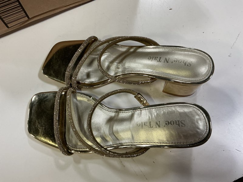 Condition photo showing As Is for dream pairs women's strappy heels open toe low chunky heel slip on mules square block sandals dress shoes
