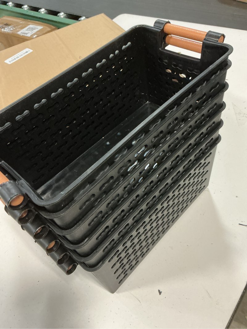 Condition photo showing Good Condition for yesland 6 pack plastic storage basket, black basket organizer bin with handles for home office closet, 6 x 12 x 5 inches y-storagebaskets-h-6