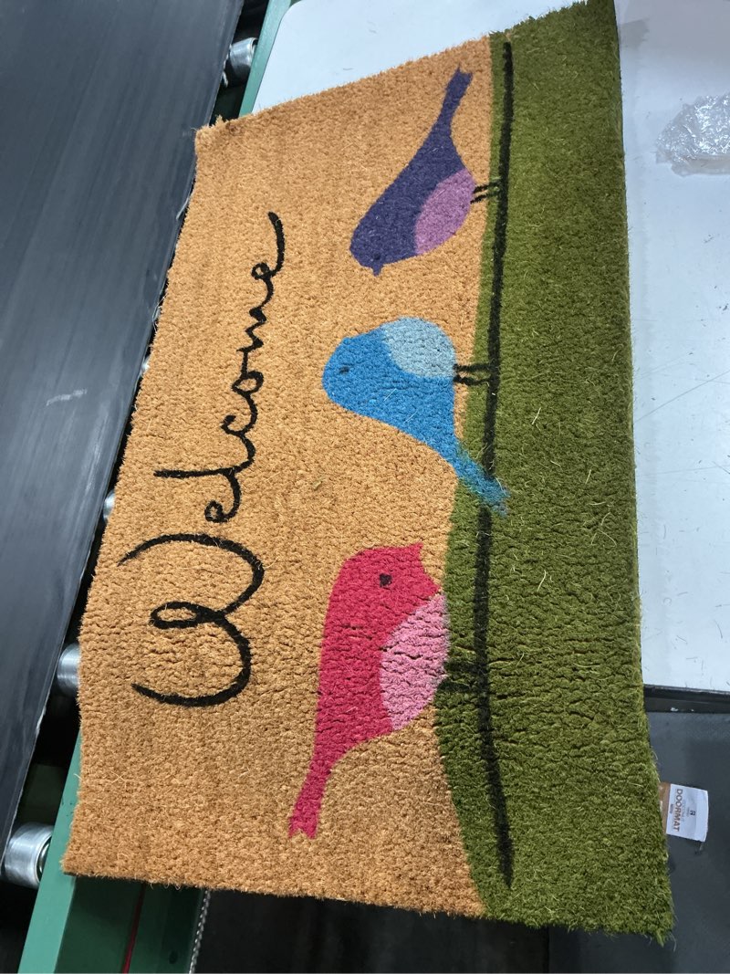 Condition photo showing Good Condition for coir welcome mat, non-slip, colorful birds, 17 x 29 in | traps dirt and mud, anti-shedding, durable pvc backing, 100% natural coir, indoor and outdoor entryway, easy to clean colorful birds 17x29