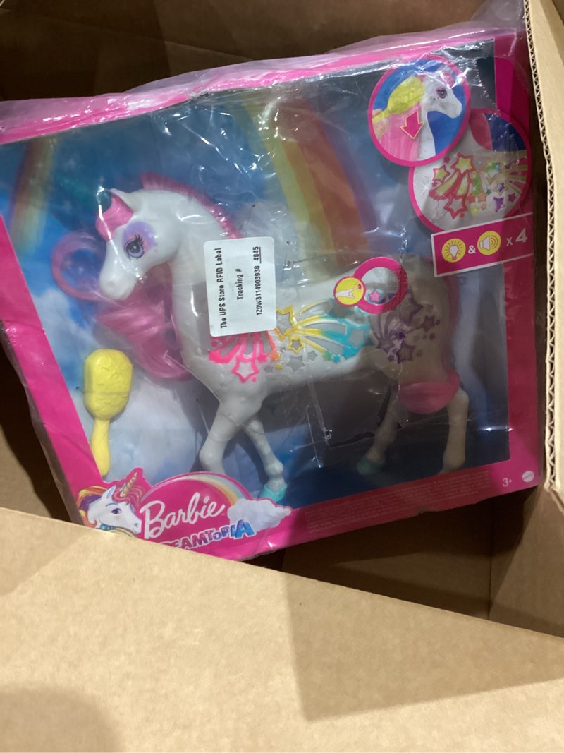 Condition photo showing As Is for Barbie Dreamtopia Unicorn, Brush 'n Sparkle Interactive Toy with Lights & Sounds, Magical Brush Accessory, White Unicorn with Pink Mane & Light-Up Stars Standard