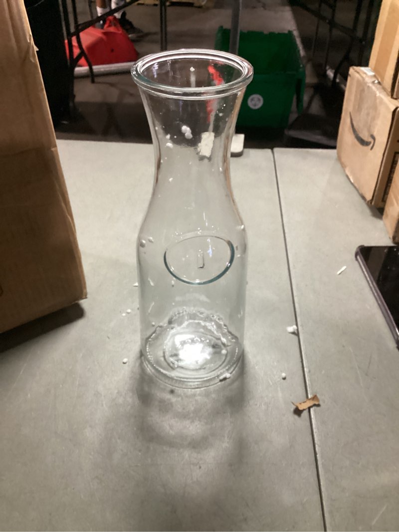 Condition photo showing As Is for kook glass carafe pitchers, beverage dispensers, clear jugs for mimosa bar, water, wine, milk and juice, with plastic lids, dishwasher safe, 35 oz, set of 3