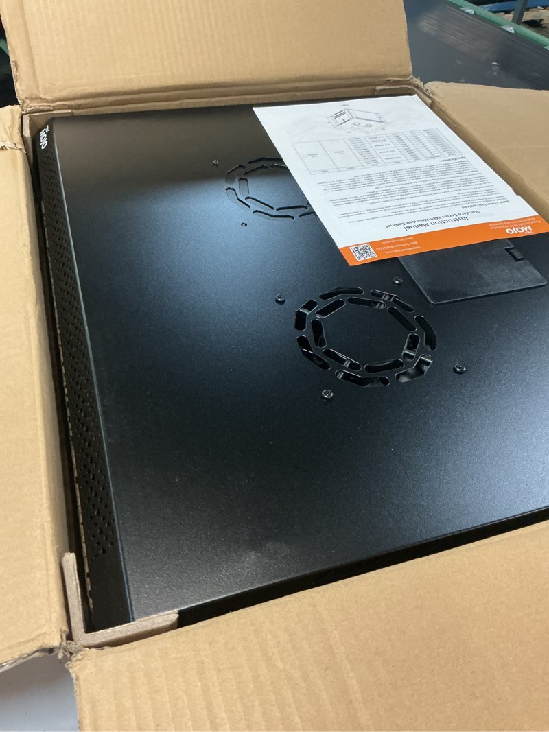 Condition photo showing As Is for tecmojo 6u wall mount server cabinet it network rack enclosure lockable door and side panels black, cooling fan, standard glass door, 450mm depth, for 19” it equipment, a/v devices 6u/glass door black