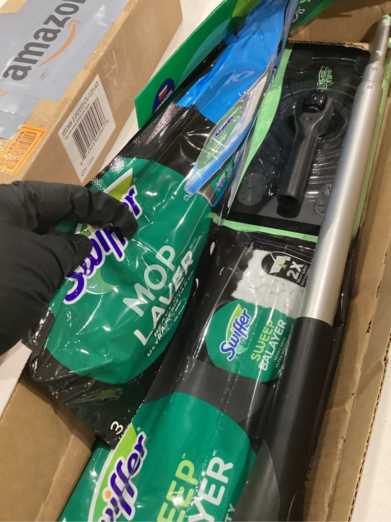 Condition photo showing New/Like New for swiffer sweep and mop deluxe  2-in-1 floor mopping and sweeping kit  includes 1 sweeper device  5 heavy duty dry sweeping cloths  6 heavy duty wet mopping cloths