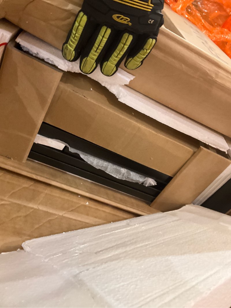 Condition photo showing As Is for 70" TV Stand for Living Room, Modern Entertainment Center & Media Console, Fits TVs up to 80", Storage Cabinet with Shelves, 36" Electric Fireplace with LED Flame (All Black) 70-inch All Black