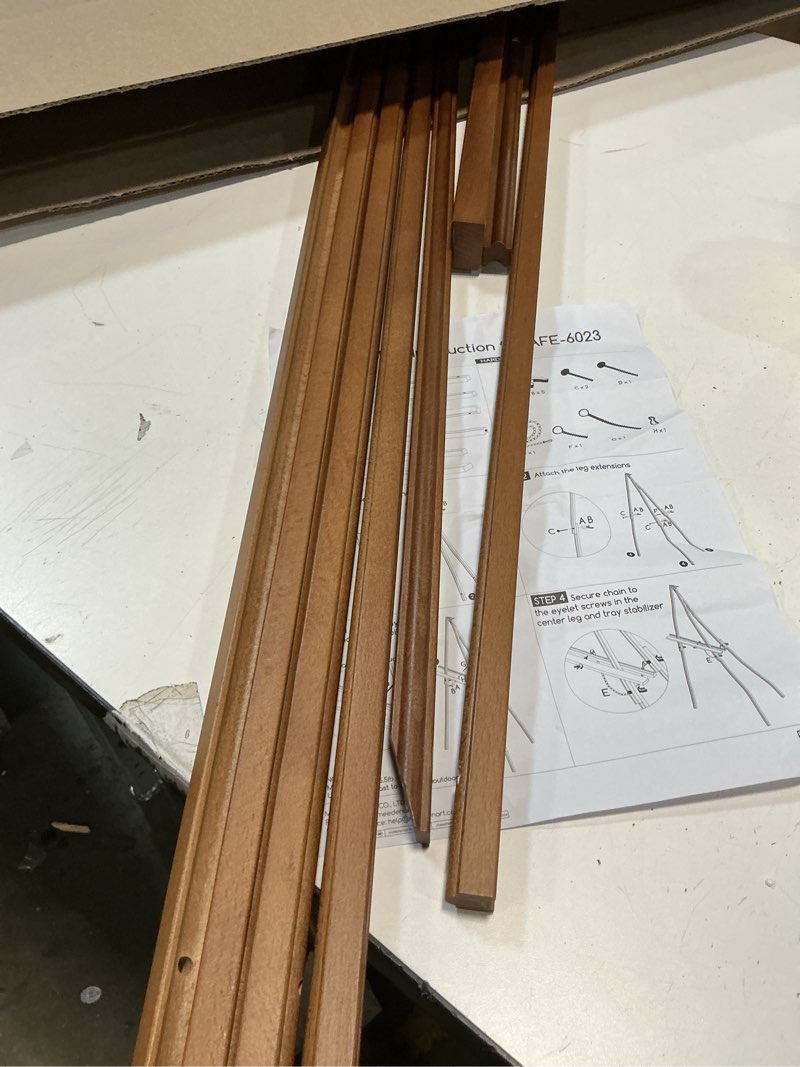 Condition photo showing As Is for VISWIN Upgraded 63" Gold Wooden Easel Stand for Sign, Tripod Easel for Wedding Sign Stand, Welcome Board, Poster, Picture, Canvas Art Easel Floor with Tray for Display & Painting Gold 1 PCS