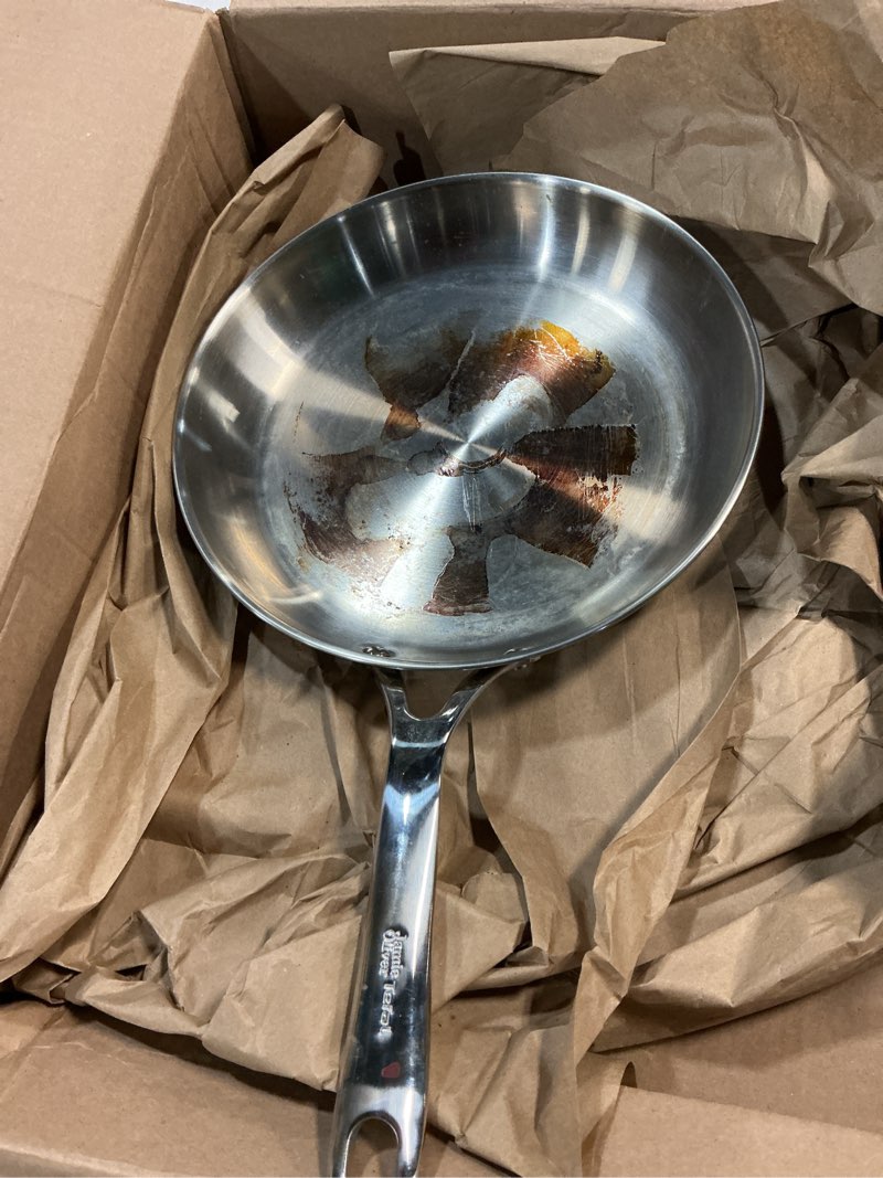 Condition photo showing As Is for t-fal x jamie oliver cooks smart stainless steel pan 11-inch, induction compatible, oven safe up to 500°f, chef's stainless steel skillet, frying pan, silver stainless steel 11-inch