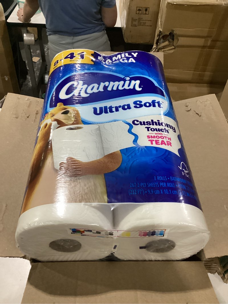 Condition photo showing New/Like New for charmin ultra soft cushiony touch toilet paper, 24 family mega = 123 regular rolls, white family mega 24 rolls (267 sheets)