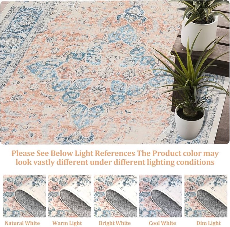 COZYLOOM Large Washable Area Rug 8x10 Soft Low Pile Distressed Floor Cover Non-Slip Non-Shedding Ret