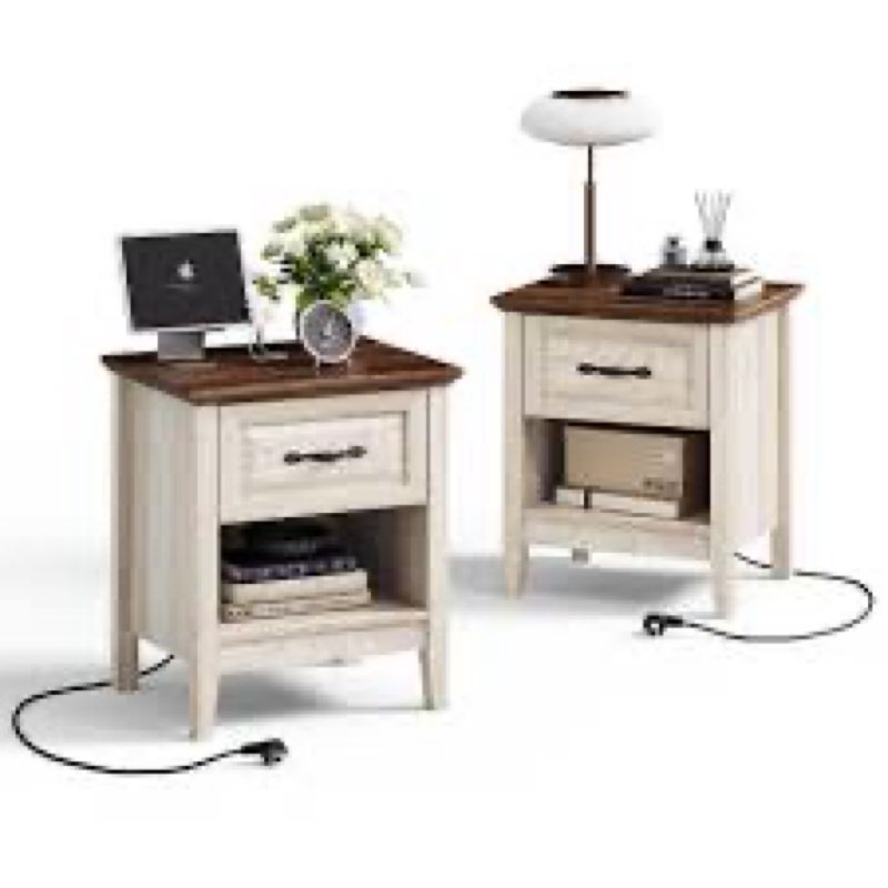 LINSY Night Stand Set of 2, 18.9" Farmhouse Wood NightStand with Type-C Charger &Open Storage Shelf 