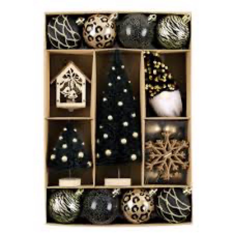 kaimani 70 pcs assorted unique design, snowflakes, gnomes, valentines tree ornaments set color: luxury black