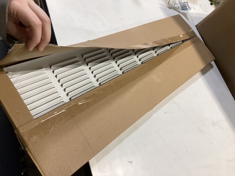 Condition photo showing New/Like New for 32x8 Return Air Vent Cover Grille for Wall or Ceiling Duct Opening - Flat Stamped Steel Grill by HVAC Premium - White - Overall Size: 33.75" x 9.75" 32 x 8