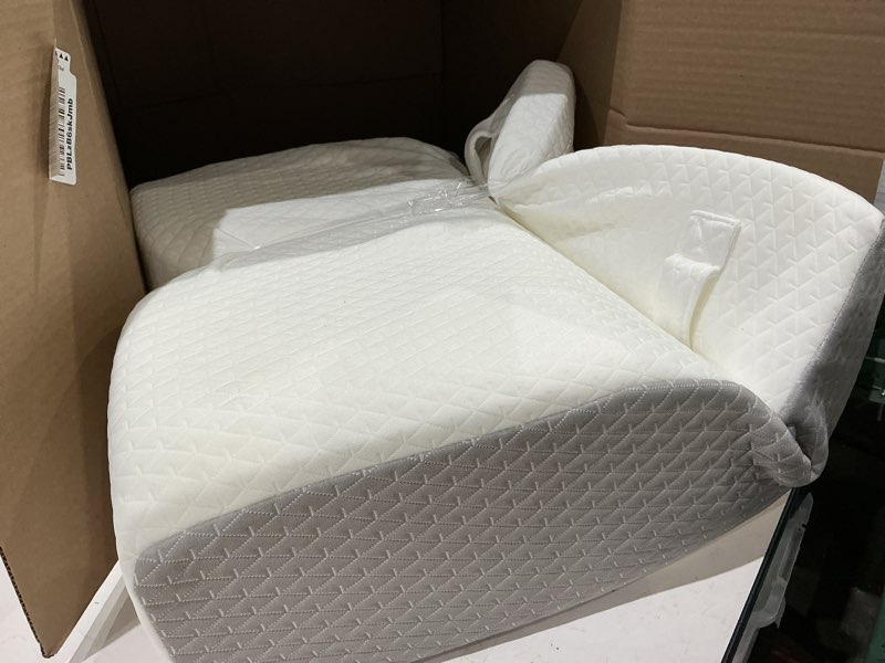 Condition photo showing As Is for ruqmuis wedge pillow for acid reflux, bed wedge pillow for headboard 10", pillow wedge for back pain relief, post surgery, elevated pillows for sleeping, snoring, triangle pillow with cover, white 24*24*10 inch white/grey