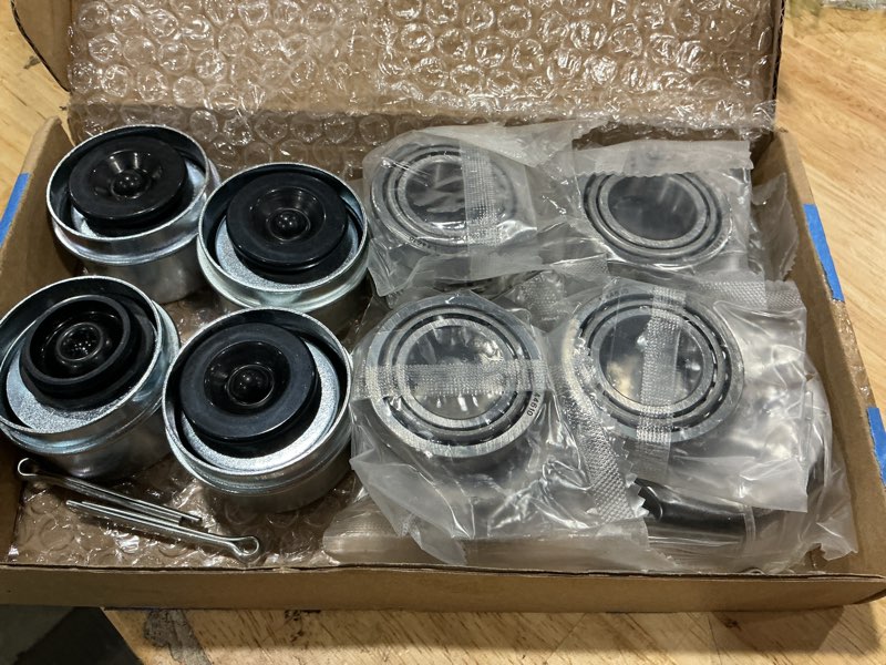 Condition photo showing As Is for 4sets l68149 l44649 trailer axle hub bearings kit with 171255tb grease seals, 1.98'' trailer dust caps, cotter pins, axle nuts & washers for 3500 lbs 1-3/8'' to 1-1/16'' #84 spindle kit#2-2 (4set l68149 l44649 bearings kit + nuts)