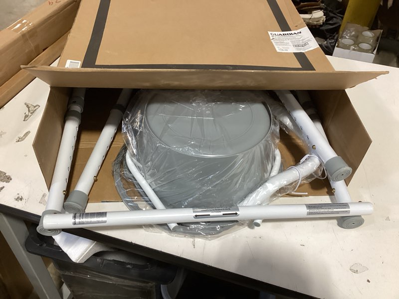 Condition photo showing New/Like New for medline 3-in-1 steel bedside commode, elongated seat, sturdy folding frame, 7.5 qt. bucket, 350 lb. weight capacity, clip-on seat, easy cleaning, tool-free assembly, gray