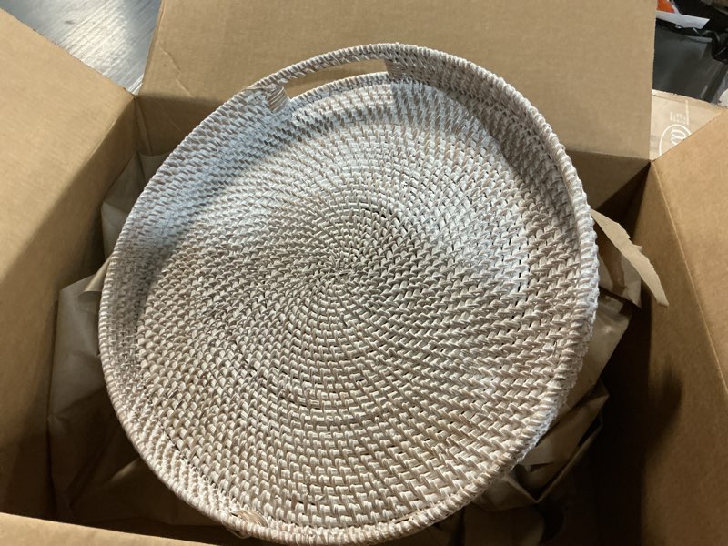Condition photo showing Good Condition for coffee table tray round rattan ottoman tray woven serving trays with handles for home and kitchen decorative whitewash (large 16.9 inch) 16.9" whitewash