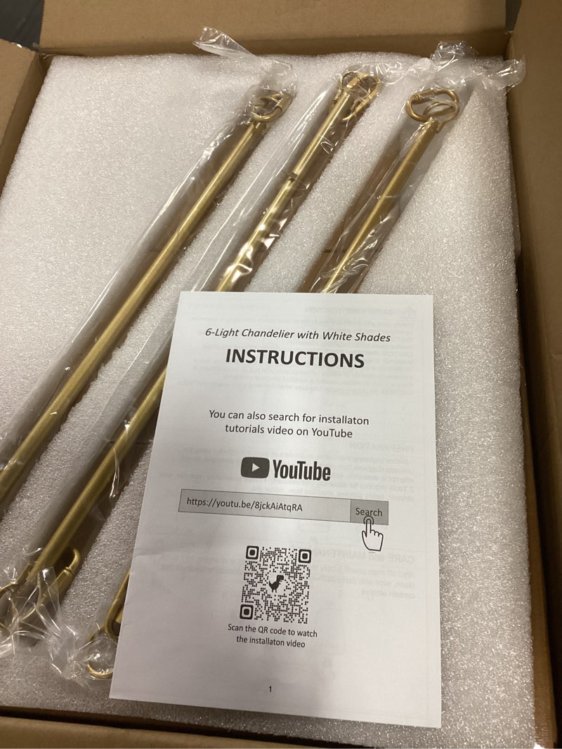 Condition photo showing New/Like New for brushed gold chandelier with white shades, 6-light modern farmhouse dining room light fixtures over table, antique round pendant lights kitchen island bedroom foyer living room 6-light brushed gold