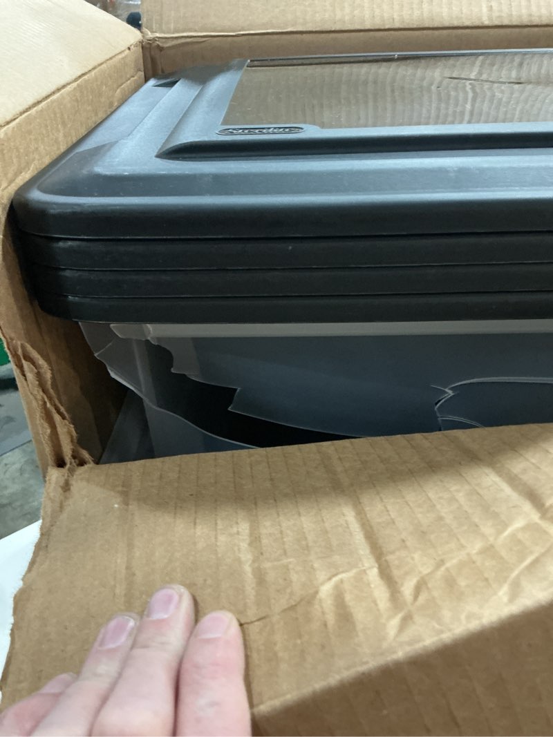 Condition photo showing As Is for sterilite file box  clear plastic bin with black lid  letter or legal-sized file storage  black (set of 4)